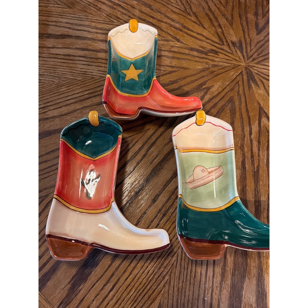 Clay Art Cowboy Boot Ceramic Trinket Dishes Set of 3 Western Southwestern Decor